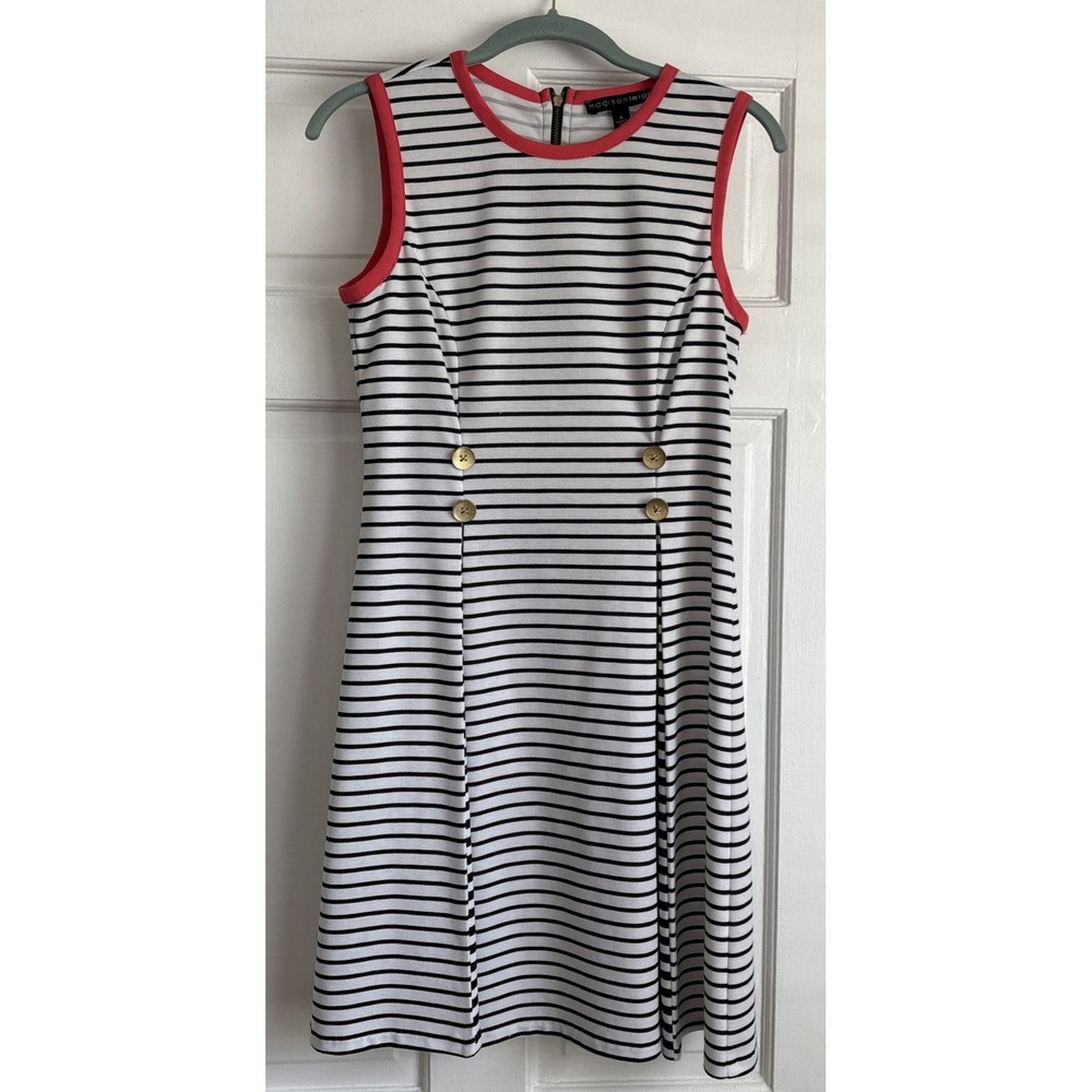 Madisonleigh Sleeveless Striped‎ Sheath Dress White Black Coral Pink Size 6